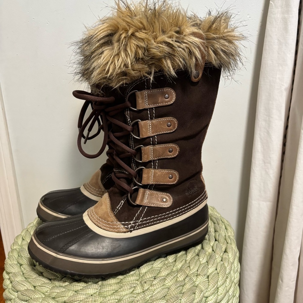 Sorel Joan Of Arctic Waterproof Fur Trim Brown Suede Lace Up Tall Winter Boots